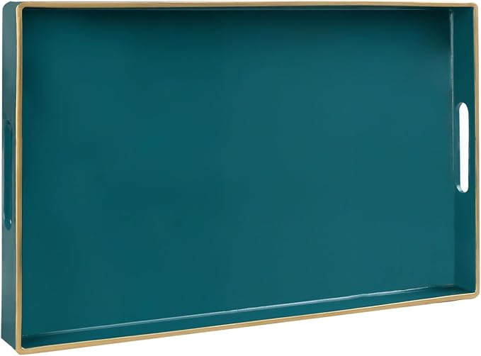 MAONAME Teal Decorative Tray for Coffee Table, Serving Tray with Handles | Plastic Melamine Tray, Modern Ottoman Tray, Rectangular Countertop Organizer Tray for Living Room, 15.8"L x 10.2"W x 1.4"H by MAONAME