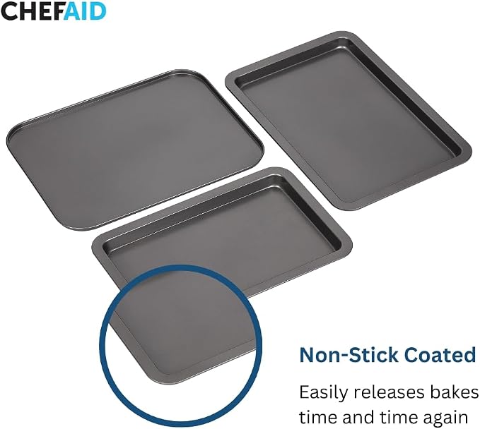 Chef Aid Carbon Steel Baking Tray and Sheet Set, Includes 3 Trays with Durable Non-Stick Coating, The Baking Trays Measure 30cm x 18cm and 21.5cm x 33cm with The Baking Sheet Measuring 35cm x 26cm - Image 4
