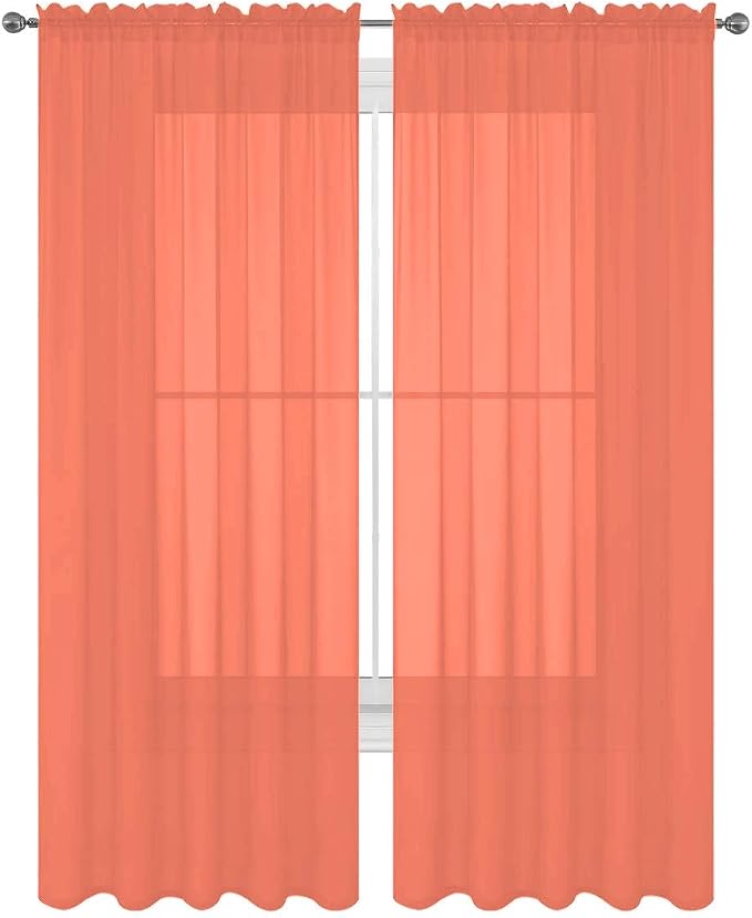 2 Piece Solid Elegant Sheer Curtains Fully Stitched Panels Window Treatment Drape (54" X 108", Salmon) by Decotex