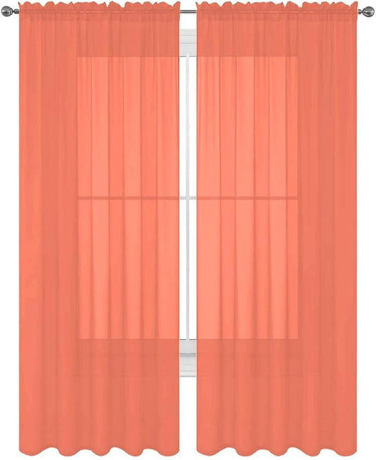 2 Piece Solid Elegant Sheer Curtains Fully Stitched Panels Window Treatment Drape (54" X 108", Salmon) by Decotex