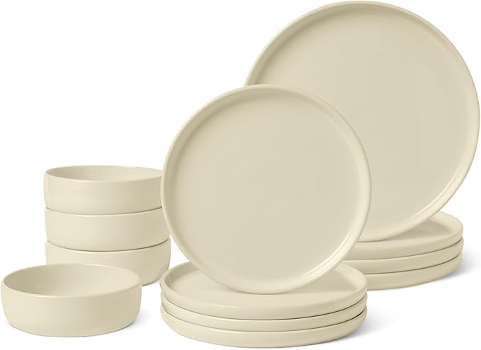 Amazon Basics Glazed Stoneware Dinnerware Set, Ceramic, Dishwasher-Safe, Freezer-Safe, 4 Full Place Settings, 12-Piece, Ivory by AmazonBasics