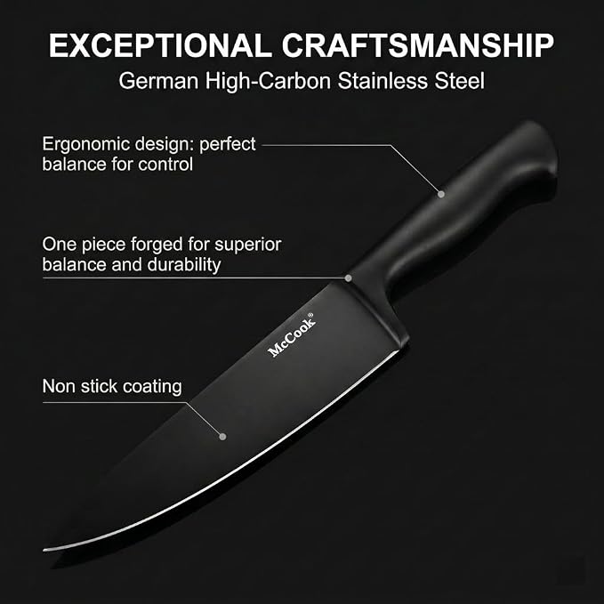 McCook® Premium Black Knife Sets,German Stainless Steel Kitchen Knives Block Set with Built-in Sharpener, 20-Piece Razor-Sharp Kitchen Knives with Ergonomic Handles, Elegant Box for Gift, Black | German Forged Stainless Steel,20 PC,Razor Sharp, Anti-Ru... - Image 5