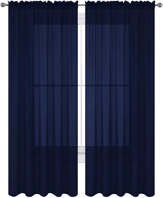 2 Piece Solid Elegant Sheer Curtains Fully Stitched Panels Window Treatment Drape (54" X 84", Navy Blue) by Decotex