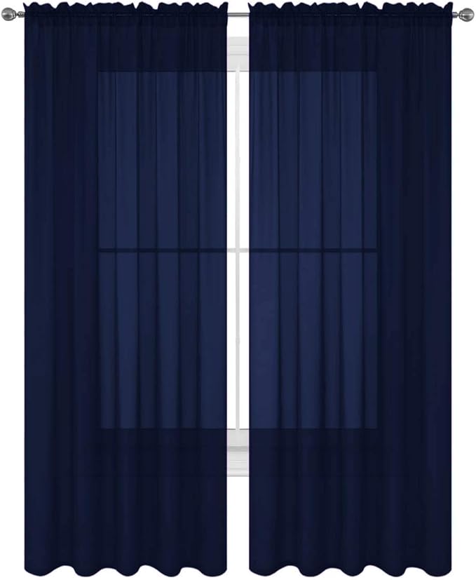 2 Piece Solid Elegant Sheer Curtains Fully Stitched Panels Window Treatment Drape (54" X 120", Navy Blue) by Decotex
