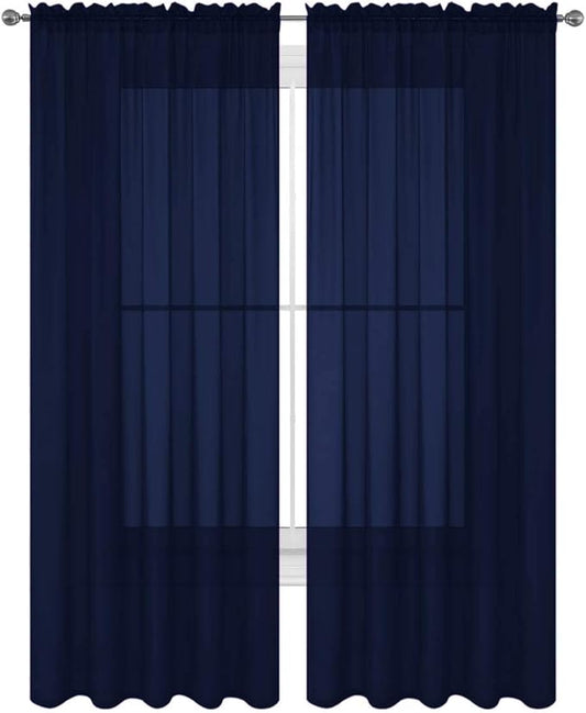2 Piece Solid Elegant Sheer Curtains Fully Stitched Panels Window Treatment Drape (54" X 120", Navy Blue) by Decotex