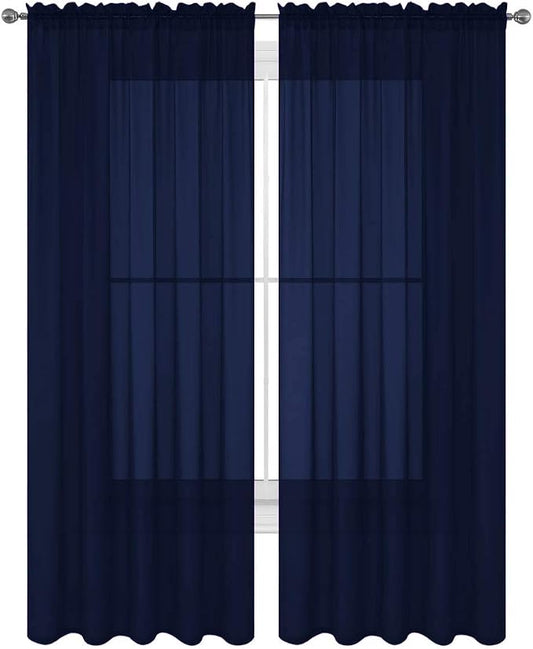 2 Piece Solid Elegant Sheer Curtains Fully Stitched Panels Window Treatment Drape (54" X 45", Navy Blue) by Decotex