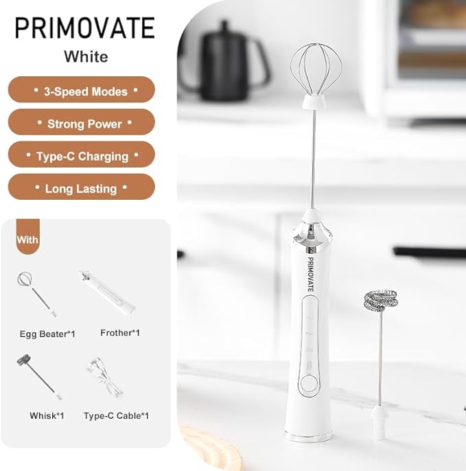 Rechargable Milk Frother, Handheld Drink Mixer with Whisk Attachment, 2025 upgraded powerfull 3 speed motor, Type C charging with charge light, with extra egg mix head (White with Stand)
