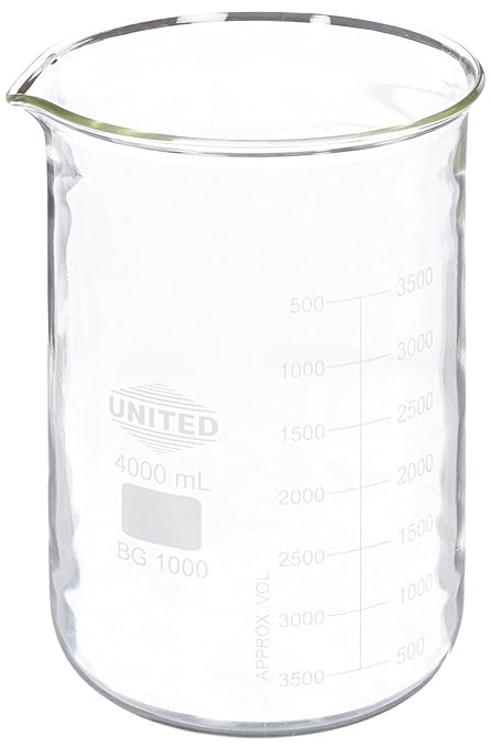 United Scientific™ Borosilicate Glass Beaker, 4000ml, Autoclavable, 1 Each | Large Graduated Beaker, Double Scale Graduations, Thermal Shock Resistant, Molded Pour Spout, Griffin Low Form Design by UnitedScientific