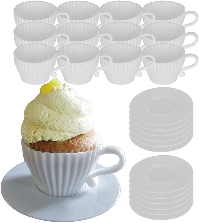 Evelots Baking Cupcake Molds - Silicone Teacup Set - 24 Pc Set - Oven-Safe - Nonstick - Muffin Cups for Bridal/Baby Shower, Birthday/Tea Party - 12 Cups & 12 Saucers - BPA Free