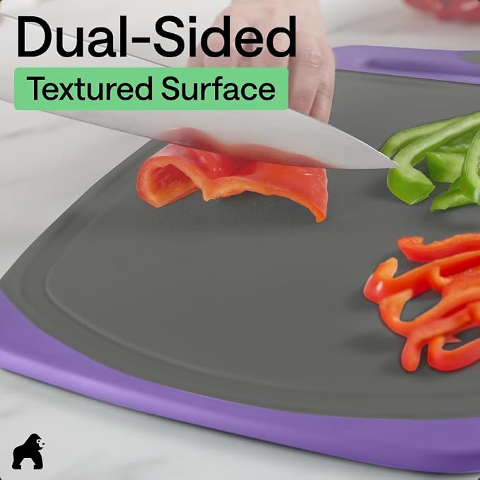 GORILLA GRIP BPA-Free Reversible Kitchen Cutting Board Set of 3, US Designed, Nonporous, Juice Grooves Catch Liquid, Slip Resistant Border, Dishwasher Safe, Durable Food Chopping Boards, Gray Purple - Image 6