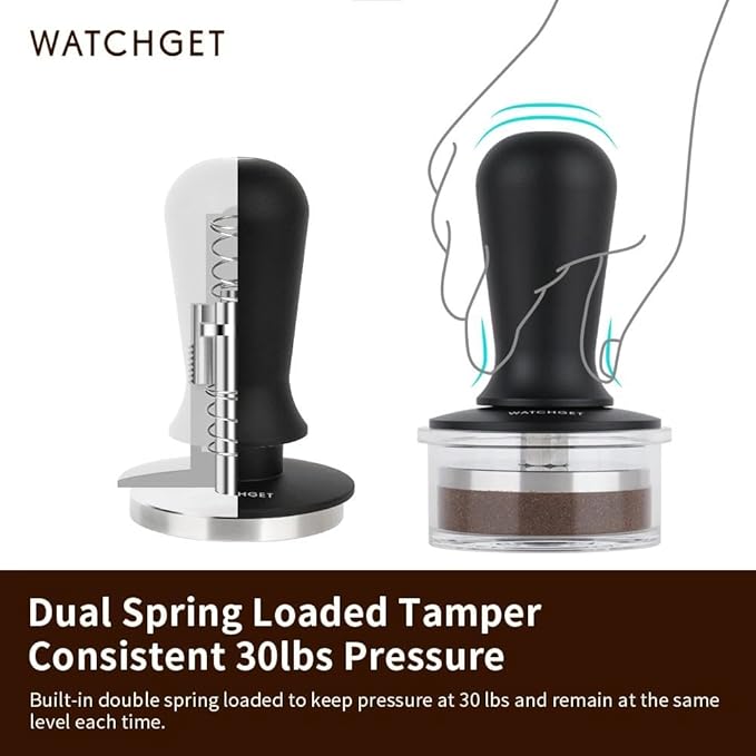 watchget 58mm Espresso Coffee Tamper 30lbs Double Spring Loaded Tamper Barista Calibrated Coffee Tamper Fits 58mm Portafilter Espresso Machine Anodized Aluminum Handle and Stainless Steel Flat Base
