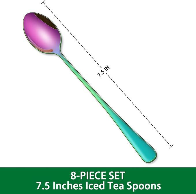 7.5 Inches Rainbow Stainless Steel Ice Tea Spoon,Set Of 8 Long Handle Coffee Stirring Spoons,Multicolored Sundae Spoons,Colorful Cocktail Mixing Spoon - Image 2