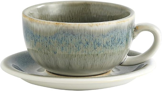 Coffeezone Vintage Design 12 oz Ceramic Latte Art Cappuccino Barista Cup with Saucer (Space Grey) by Coffeezone