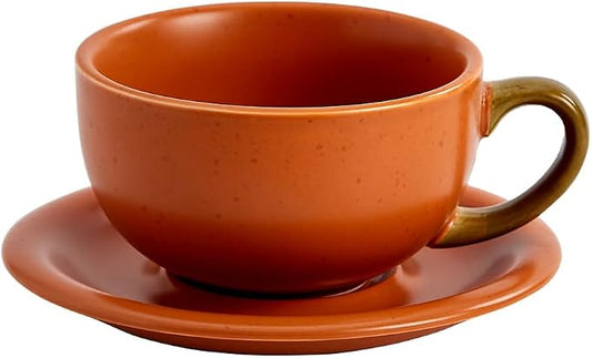 Coffeezone Vintage Design 12 oz Ceramic Latte Art Cappuccino Barista Cup with Saucer (Pumpkin Orange) by Coffeezone