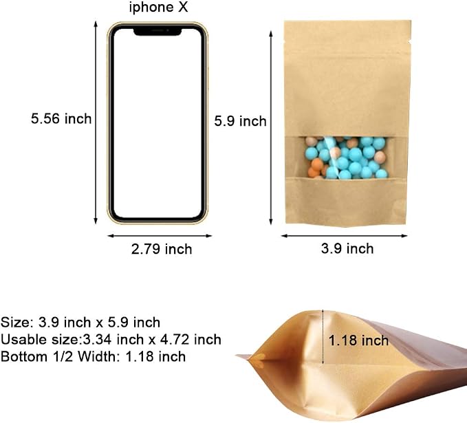 100 Pcs Resealable Stand Up kraft Paper Bags with Window for Packaging Products, Reusable Zip Lock Food Storage Pouch Bags (3.9" x 5.9") - Image 3