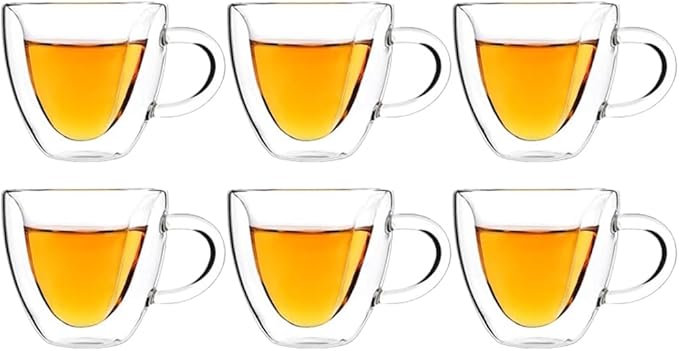 Heart-Shaped Double Wall Coffee Mugs, Set of 6 Insulated Glass Cups, 8.5 oz - Ideal for Coffee and Tea (5oz,6pcs)