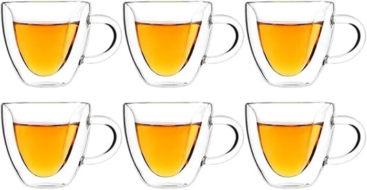 Heart-Shaped Double Wall Coffee Mugs, Set of 6 Insulated Glass Cups, 8.5 oz - Ideal for Coffee and Tea (5oz,6pcs)