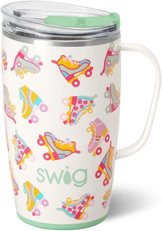 Swig Life 18oz Insulated Travel Mug with Handle & Lid, Roller Rink | Triple Insulated Stainless Steel - Handle & Lid Included - Keeps Coffee Hot or Cold - Cup Holder Friendly by SwigLife