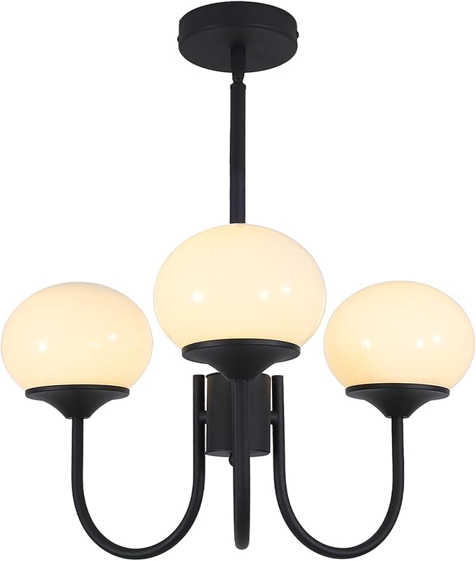 Mid Century Modern Pendant Light 3-Light Milk Glass Chandelier Frosted Globe Chandelier Black Sputnik Ceiling Light Fixture for Living Room Bedroom by FlyRose