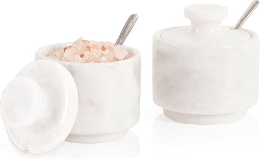 MARBLOUS KRAFTS Marble Salt Cellar 3" Inch White Celtic Salt, Seasoning Containers for Kitchen Decor, Set of 2 Spice Jars, Countertop Storage, Sugar Bowl with Lid and Spoon, Ideal Gift for New Home by MarblousKrafts