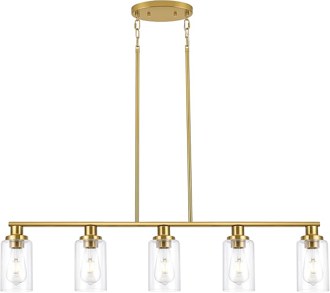 Kitchen Island Lighting, 5-Light Modern Dining Room Light Fixtures Over Table,Farmhouse Gold Linear Chandeliers for Dining Room, Industrial Pendant Lights Fixture with Clear Glass Shade by KPIOK