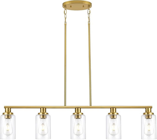 Kitchen Island Lighting, 5-Light Modern Dining Room Light Fixtures Over Table,Farmhouse Gold Linear Chandeliers for Dining Room, Industrial Pendant Lights Fixture with Clear Glass Shade by KPIOK