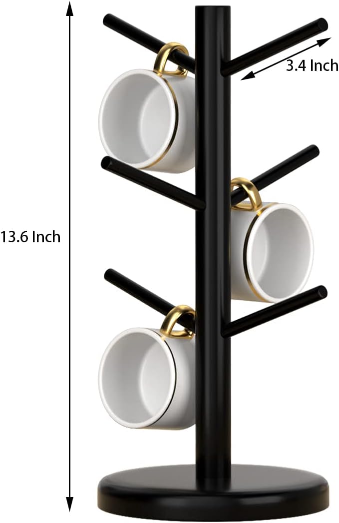 Dorhors Mug Holder Tree,Coffee Cup Holder,Mug Rack Stand Hook,Bar Organizer | Black Wood Coffee Station Accessories 6 Hook,Coffee Shelf Decor for Kitchen Countertop,Counter Storage Display Mug,Cup - Image 6
