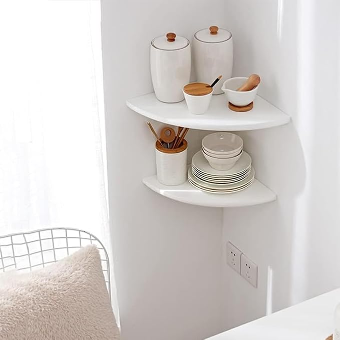 White Corner Shelf, Wall Mount 12inch Natural Oak Wood Floating Corner Wall Shelf Round End Small Corner Nightstand Plant Shelf for Bedroom, Kitchen, Living Room Set of 2 - Image 7