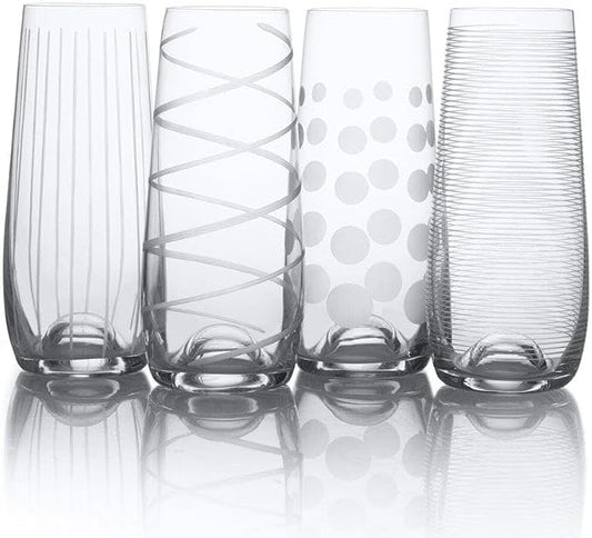Mikasa Cheers Stemless Flutes, 7.5 Oz - Clear, Set of 4 | Lead-Free Crystal Drinkware with Dot, Line & Swirl Designs for Champagne, Prosecco, Cocktails & Mimosas, Dishwasher Safe by Mikasa