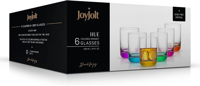 JoyJolt Hue Colorful Whiskey Set of 6, 10oz Drink Glasses, Double Old Fashioned Glass, Modern Whiskey Glass Set for Bar, Low Ball Cocktail Tumbler Glasses - Image 7