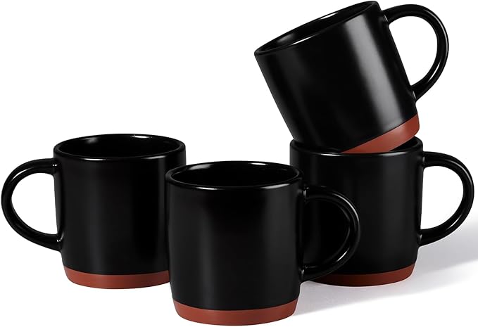 E-far Ceramic Coffee Mug Set of 4, 12oz Stoneware Coffee Cup with Handle, Porcelain Tea Cups, Modern Farmhouse Latte Mug Gift Set for Women & Men, Microwave Safe, Matte Black by E-far