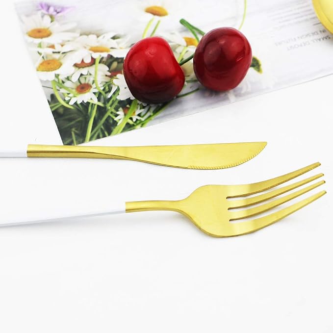 JASHII Silverware Set, 24-Piece Stainless Steel Flatware Set,Kitchen Utensil Set Service for 6,Tableware Cutlery Set for Home, Dishwasher Safe (Matte White handle gold) - Image 4