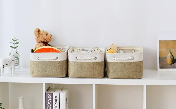 TheWarmHome Storage Basket for Organizing - 14x10x7 inch Medium 3 Pack Collapsible Storage Bin for Shelves with Handles, Canves Storage Box for Organizer Cubes Cloth Gift Toy Closet (White & Khaki)