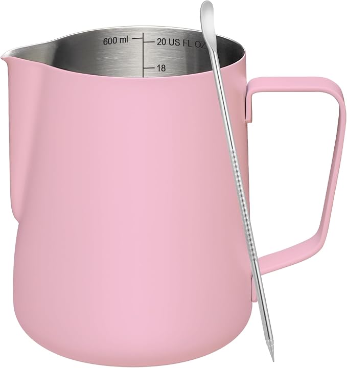 Amrules Milk Frothing Pitcher, 20 oz Milk Frother Cup with Clear Scale, 304 Stainless Steel Cappuccino Espresso Machine Accessories for Barista Coffee Bar with Latte Art Pen, Pink by Amrules