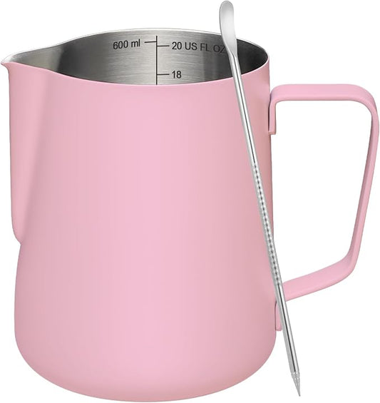 Amrules Milk Frothing Pitcher, 20 oz Milk Frother Cup with Clear Scale, 304 Stainless Steel Cappuccino Espresso Machine Accessories for Barista Coffee Bar with Latte Art Pen, Pink by Amrules
