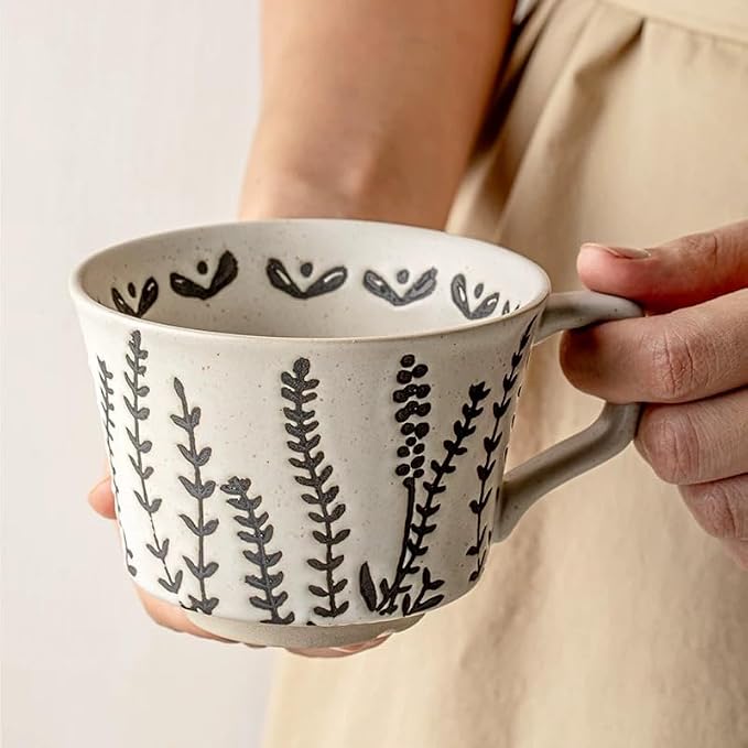 4 Pack 12oz Speckled Stoneware Coffee Mugs, Vintage Black Seaweed Botanical Ceramic Tea Cups, Rustic Hand Drawn Floral Drinking Mugs, Microwave Dishwasher Safe, Gift Set for Coffee Lovers - Image 3