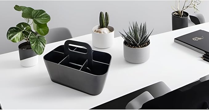2 Pack Small 6 Compartment Multiuse Caddy Organizer with Handle Art Craft Supplies, Office, Desk, Stationery Pen Holder Stackable- Made In USA (Black)