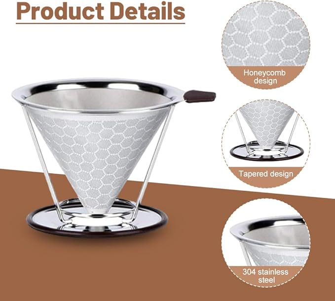 Pour Over Coffee Dripper, Stainless Steel Metal Cone Coffee Filter Single Cup Coffe-e Maker with Non-slip Cups Stand, Reusable Paperless Dripper for Medium Grind Coffe-e, Optimize Extraction(Silver)
