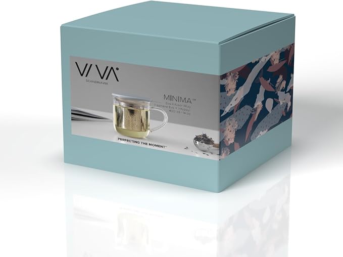 VIVA Minima Eva Glass Tea Cup with Mesh Infuser - Coffee Mug With Porcelain Lid/Saucer - 14 oz / 400 ml, Hazy Blue