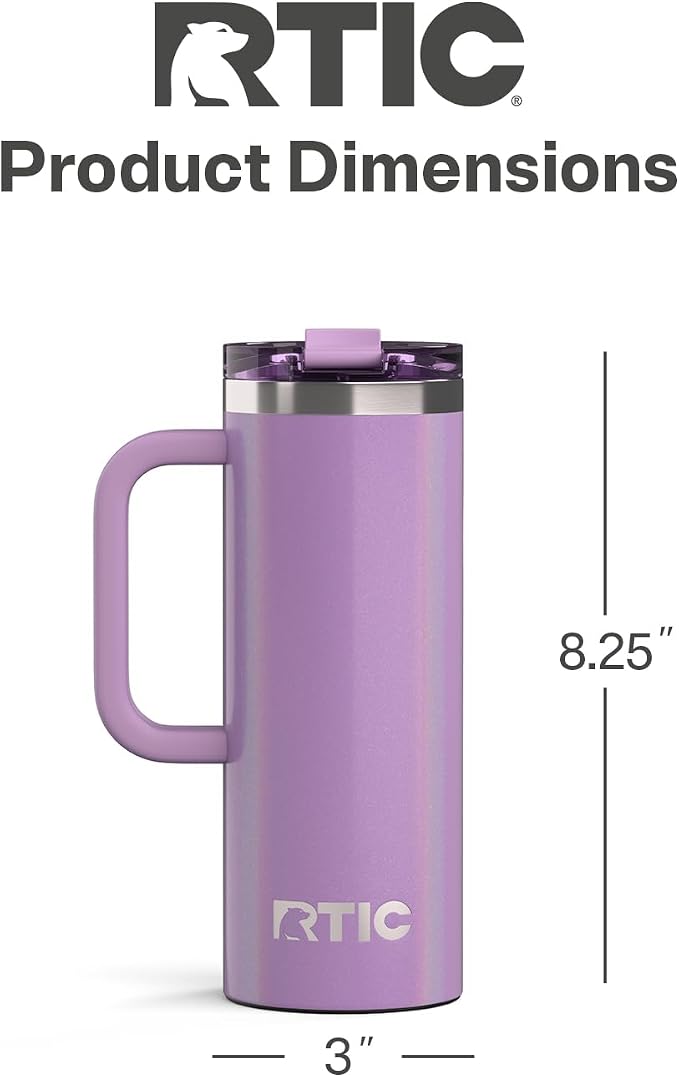RTIC 20oz Road Trip Travel Mug with Lid and Handle, Ceramic Lined, Insulated, Stainless Steel, Metal, Double Wall Vacuum-Insulation, Portable Coffee, Tea Cup for Hot and Cold Drink, Lavender Glitter - Image 4