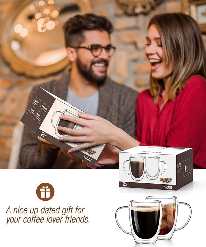 OJA Double Wall Glass Coffee Mugs 12.3oz, Hand Blown Clear Glass Coffee Cups Set of 2, Insulated Tea Mug, Perfect for Espresso, Cappuccino, Latte, American,Tea Bag, Beverage