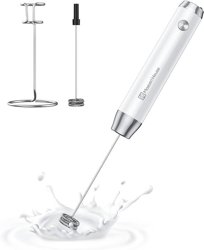 Maestri House Rechargeable Milk Frother with Stand, LunaFro Handheld Electric Foam Maker Waterproof Detachable Stainless Steel Whisk Drink Mixer Foamer for Lattes, Cappuccino