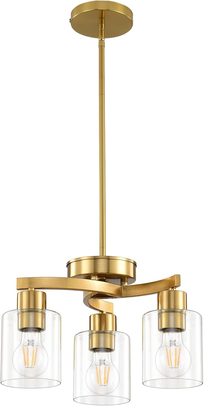 3 Light Brass Gold Dining Room Chandelier, Modern Industrial Pendant Light for Kitchen Island, Adjustable Height Hanging Ceiling Light Fixture with Clear Glass Shades,E26 Base,Dimmable by KLSSLighting
