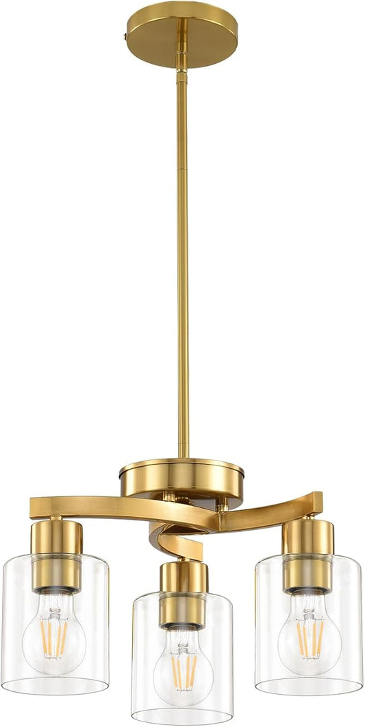 3 Light Brass Gold Dining Room Chandelier, Modern Industrial Pendant Light for Kitchen Island, Adjustable Height Hanging Ceiling Light Fixture with Clear Glass Shades,E26 Base,Dimmable by KLSSLighting