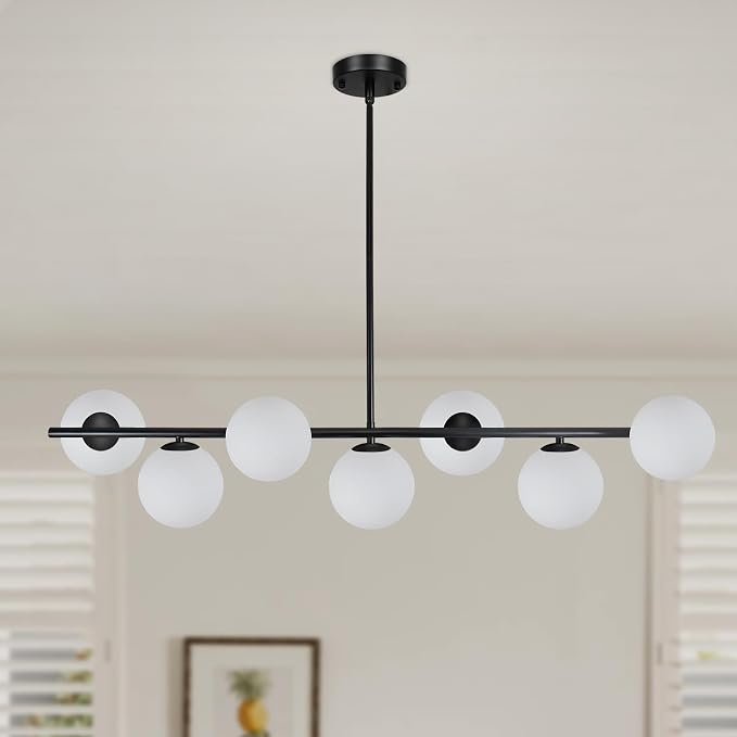 Modern Linear Chandelier 7-Light, Mid Century Black Globe Pendant Light for Dining Room, Kitchen Island Lighting Fixtures Ceiling, Bubble Glass Chandelier over Table for Living Room, Foyer, Bedroom by PUZHIHOME