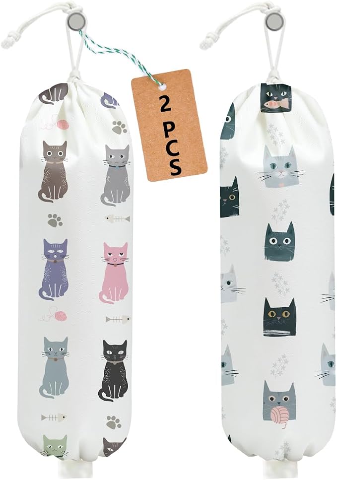 2 Pcs Cat Plastic Bag Holder, Wall Mount Grocery Bag Holder for Plastic Bags, Large Reusable Grocery Bags Organizer Storage Dispenser for Home Kitchen Pantry Decor, Cat Lover Gifts for Women by Unknown
