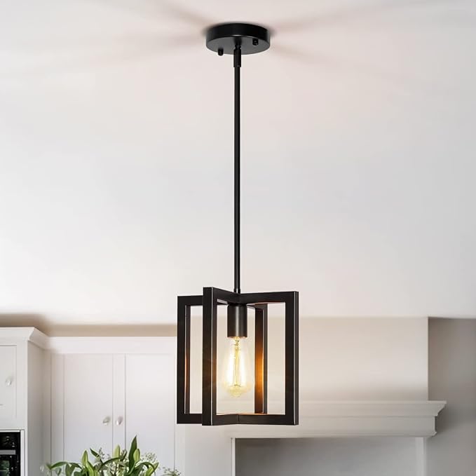 Modern Pendant Lighting for Kitchen Island 1-Light Farmhouse Black Light Fixtures Hanging Adjustable Small Square Chandeliers Ceiling for Dining Room Entryway Hallway by MlihoveLights