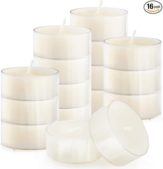 16PCS Pure White Beeswax Tealight Candles, Natural Scent, Clear Cup
