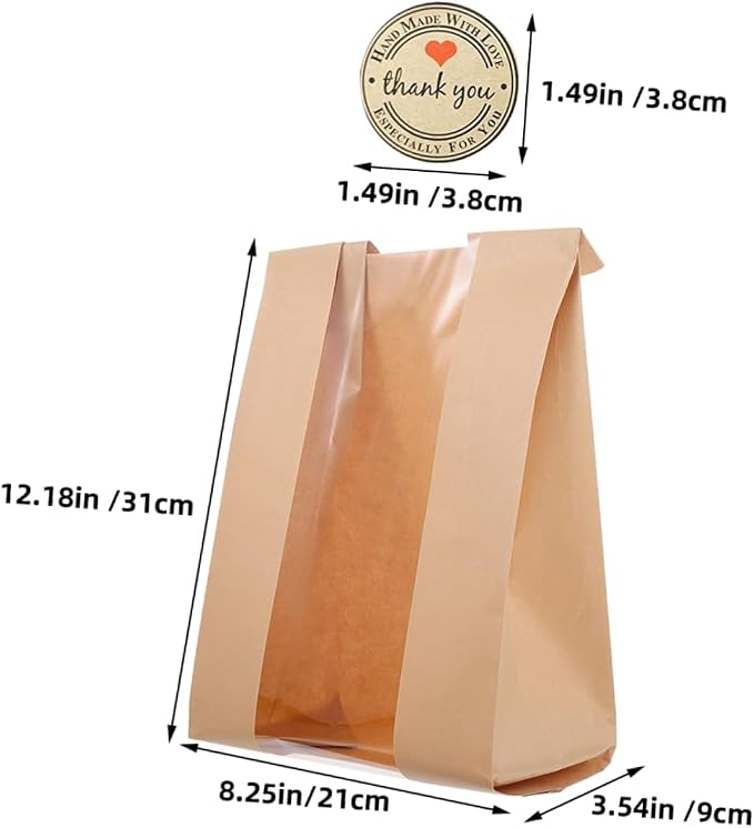 1set Paper Bread Bags Window and Thank You Stickers for Bakery Packaging Oilproof and Design for Homemade Breads and Baked Goods - Image 2