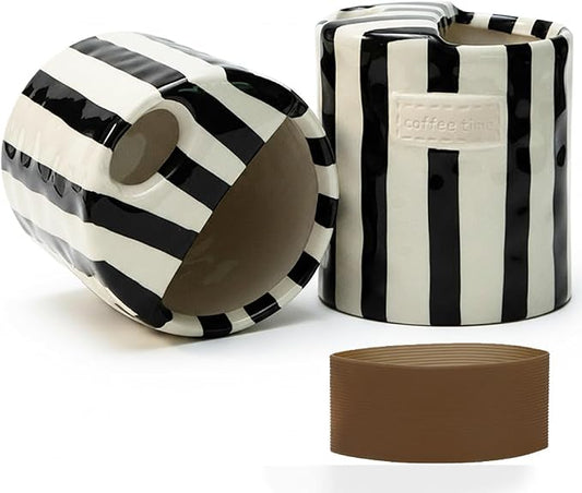 Ceramic Coffee Mug with Half Lid, 12oz To Go Coffee Mug, Handcrafted Striped Glazed Ceramic Coffee Mug with Dual Sip Lid for Hot and Cold Drinks, Black by KOIMYSA